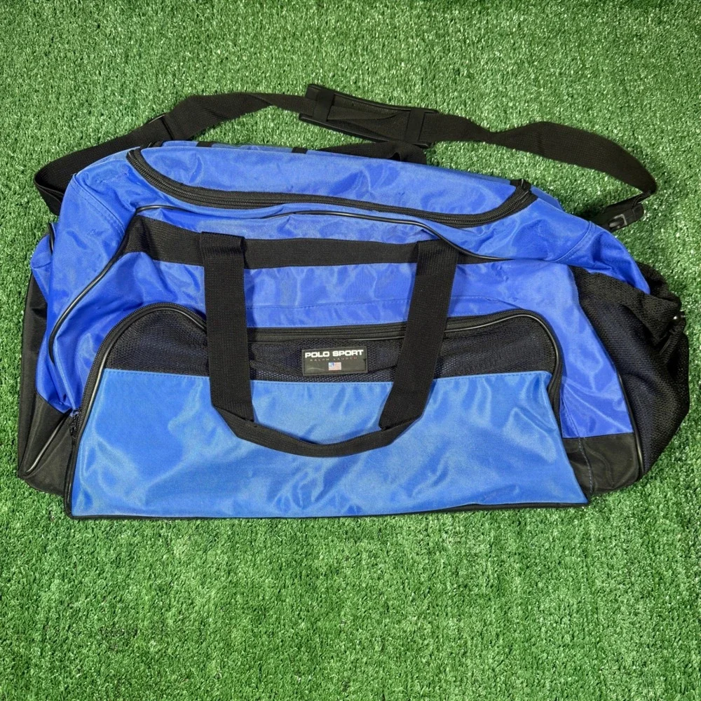 Vintage Polo Sport Ralph Lauren Duffle Bag Royal Blue Black Travel Gym Weekender